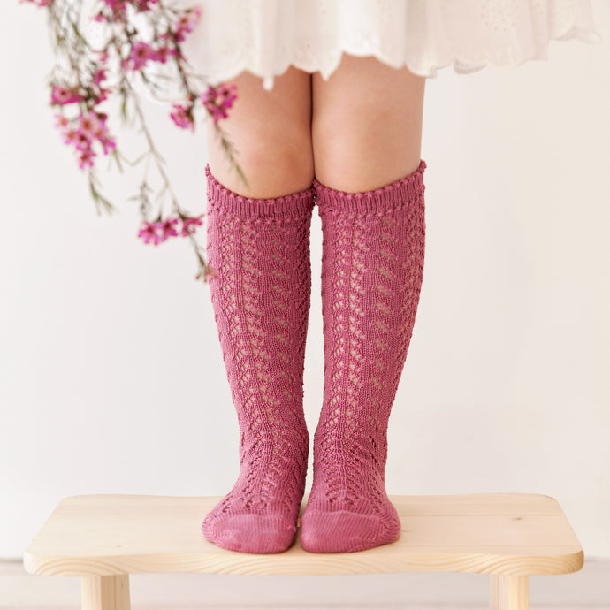 Crochet Folklore Knee Socks, Raspberry
