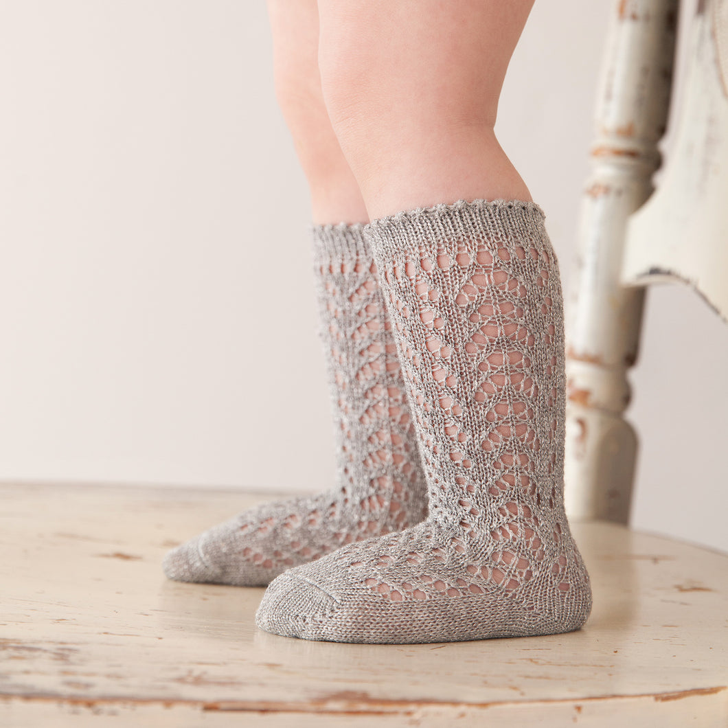 Shimmer Crochet Knee Socks, Silver